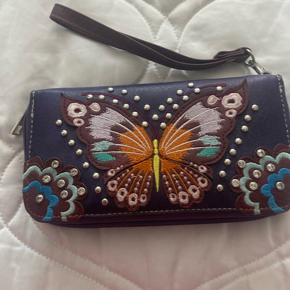 Butterfly studded wallet / wrist purse. Inner  and outer Zipper.